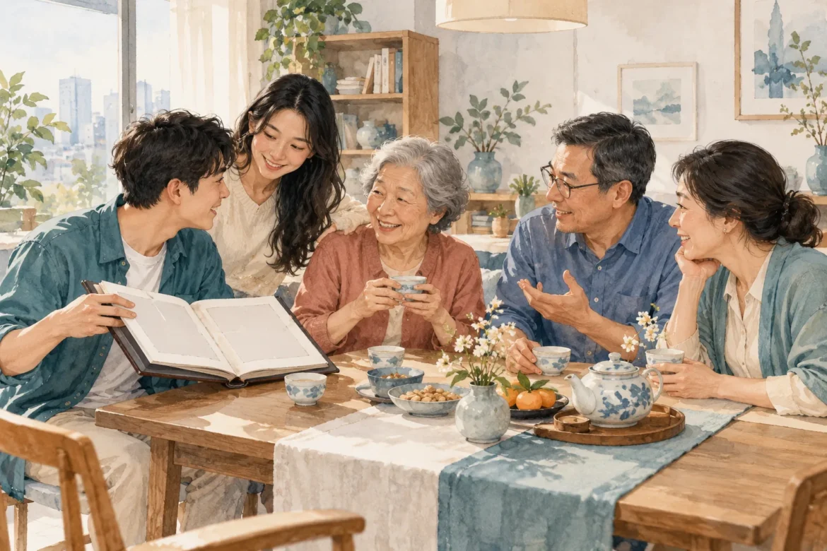 Interpretive illustration of a multigenerational family sharing tea and looking at an album