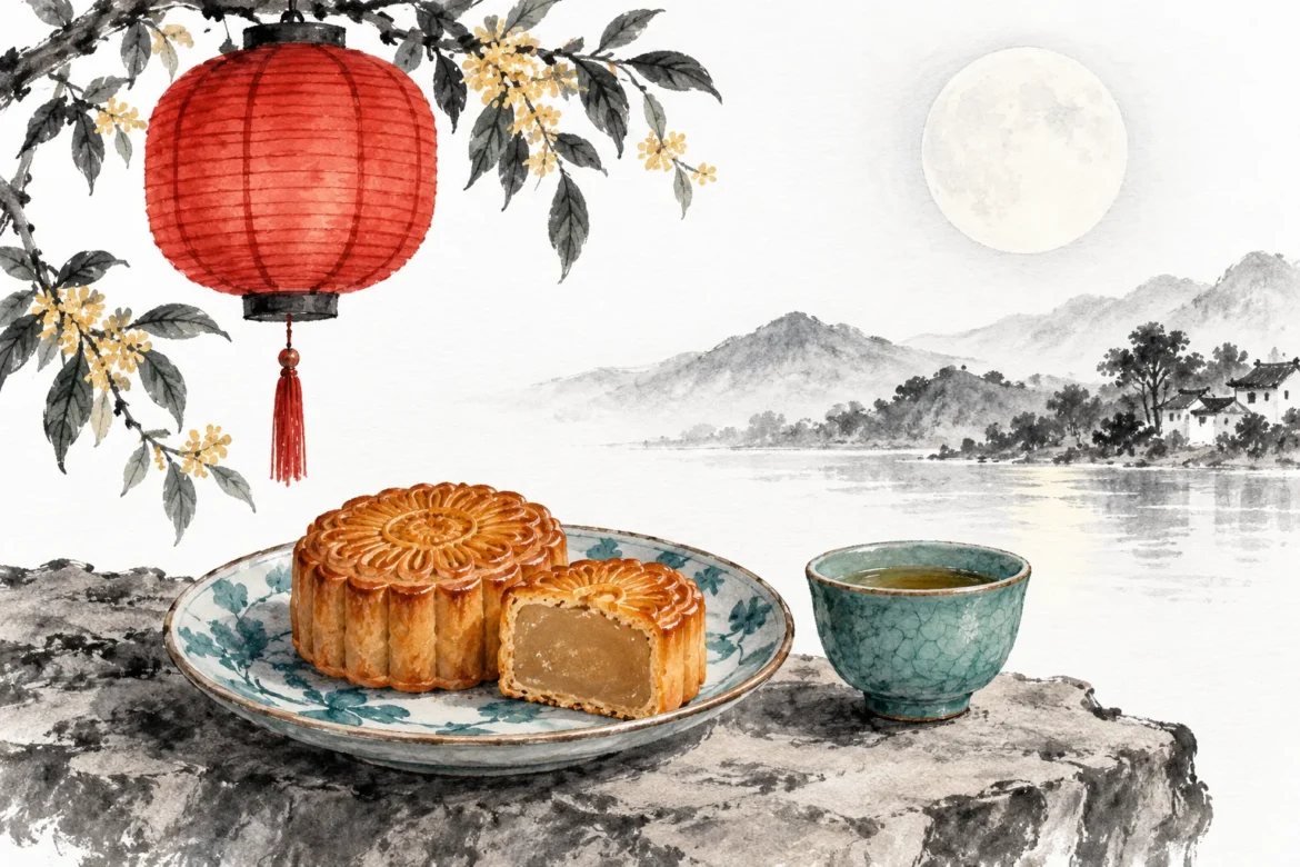 Illustration of mooncakes, a red lantern and tea for Mid-Autumn Festival