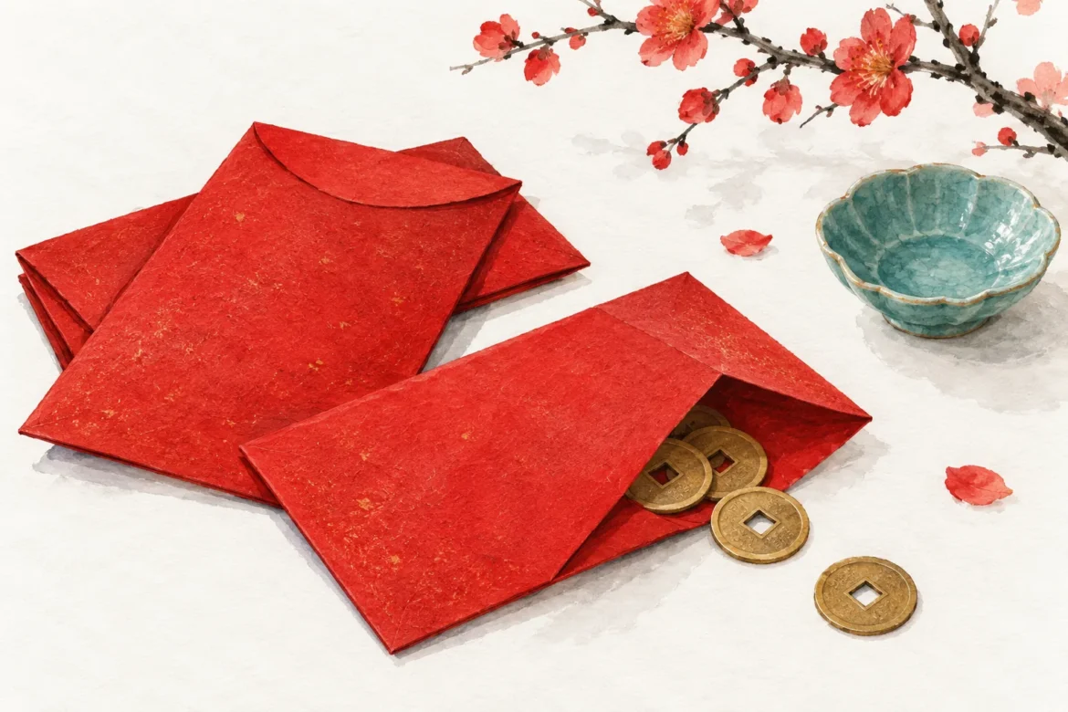 Illustration of red gift envelopes and coins on a white table
