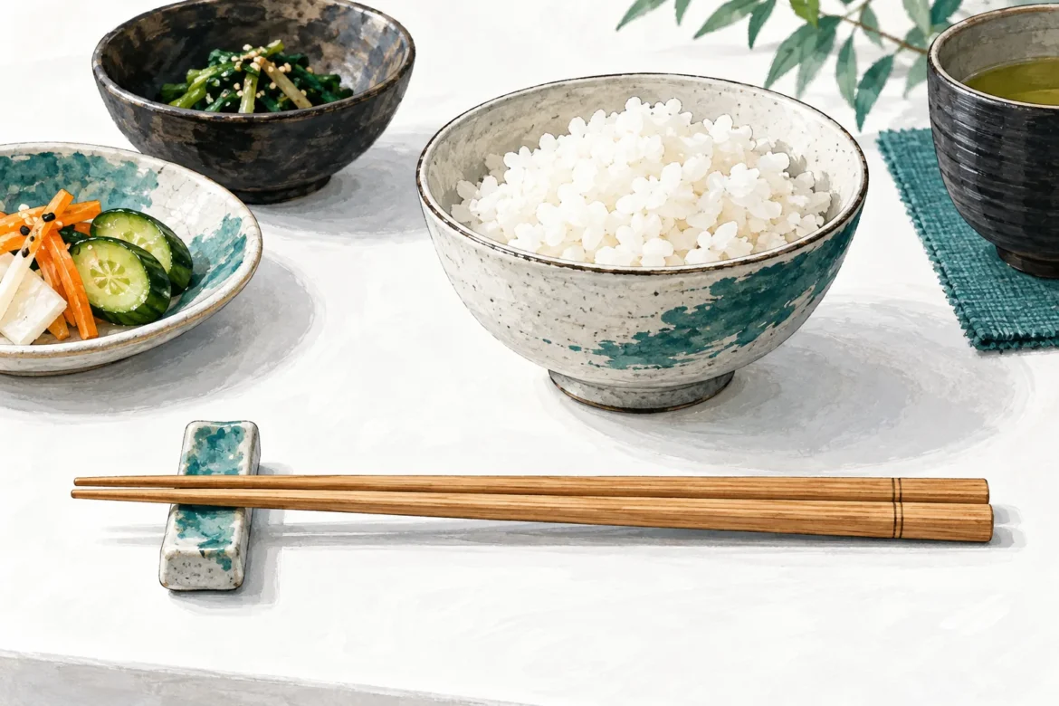 Illustration of wooden chopsticks resting horizontally beside a bowl of rice