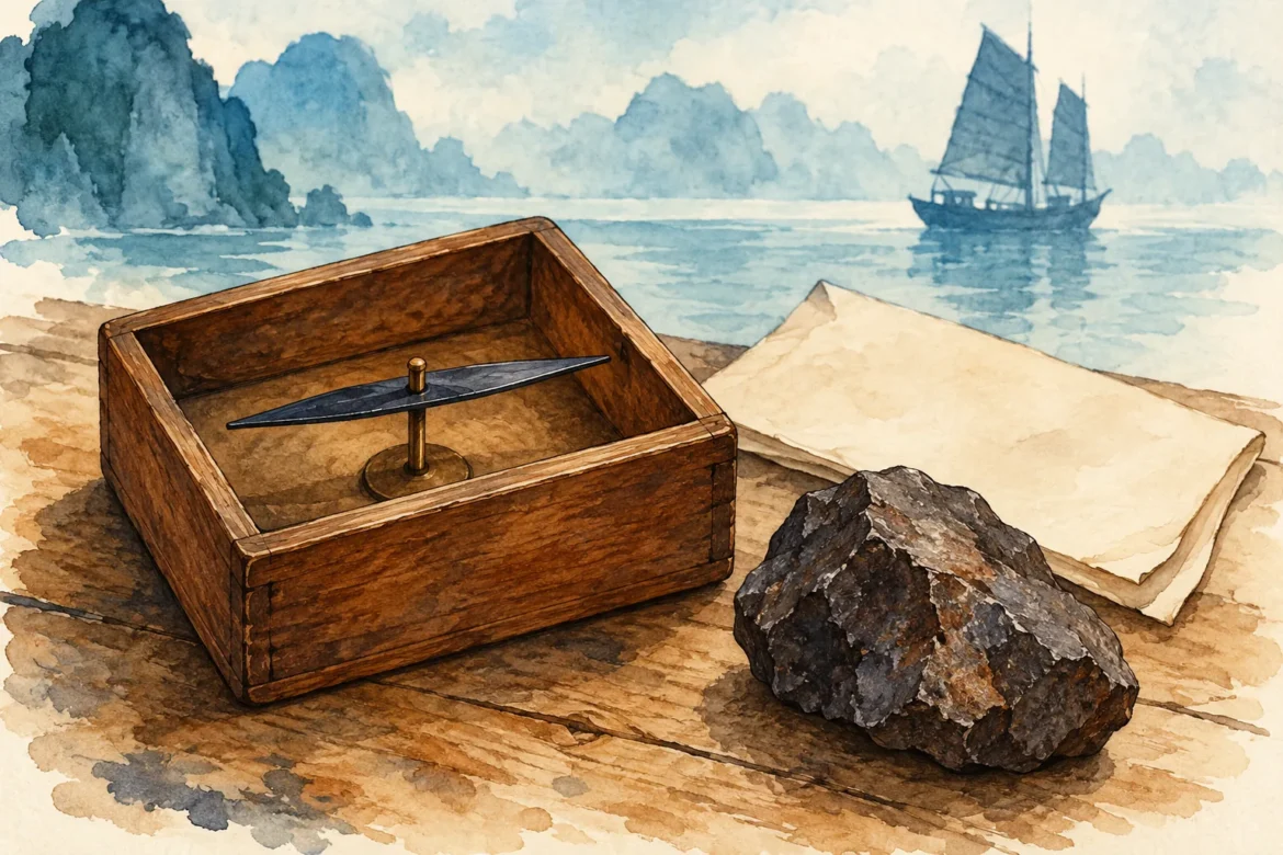 Interpretive illustration of a magnetic compass needle, lodestone and distant sailing boat