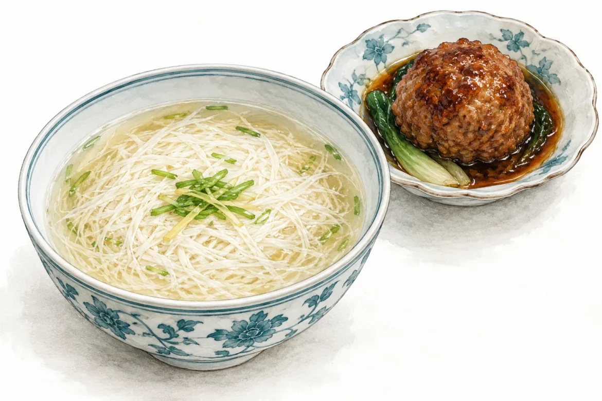 Illustration of Wensi tofu soup and a braised lion’s head meatball