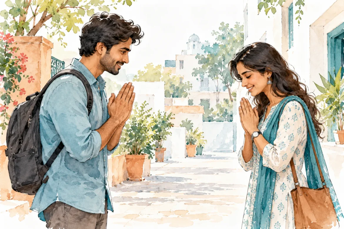 Illustration of two adults exchanging a namaste greeting in a courtyard