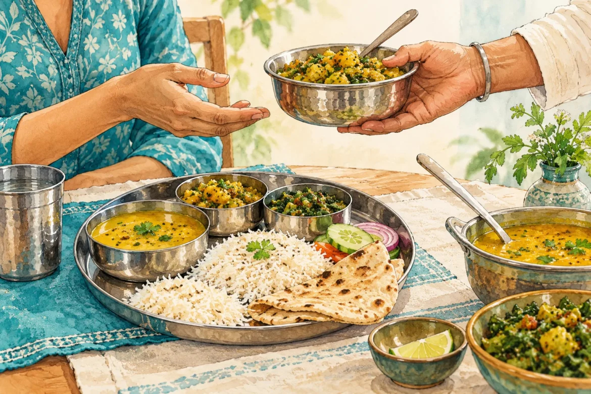 Illustration of rice, flatbread and small dishes on a thali with a shared serving bowl