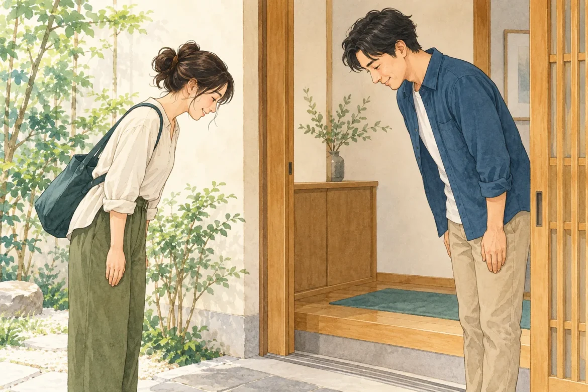 Illustration of two adults exchanging a small bow at an entrance
