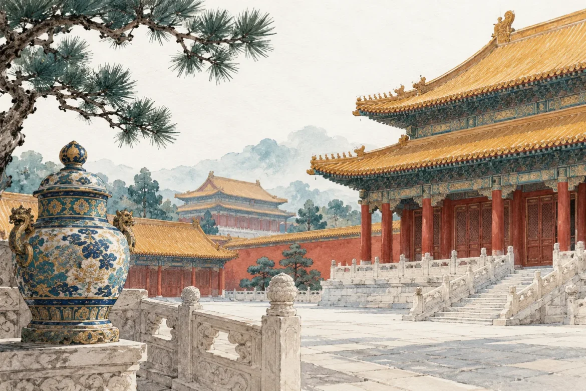 Interpretive illustration of an imperial courtyard and decorative porcelain