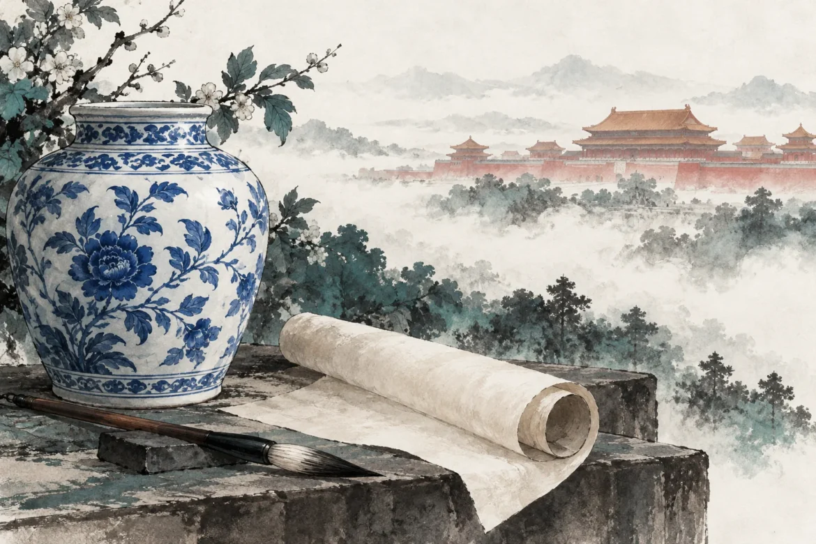 Interpretive illustration of blue-and-white porcelain, a brush and palace roofs