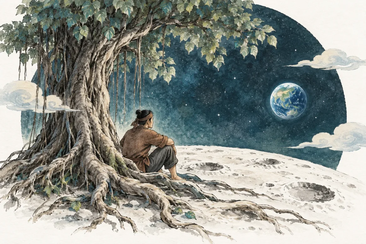 Interpretive illustration of Cuội beneath a banyan tree on the moon
