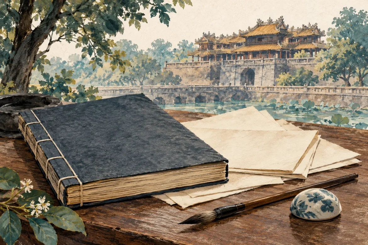 Illustration of a family record book and blank archival papers with a stylized Huế gate