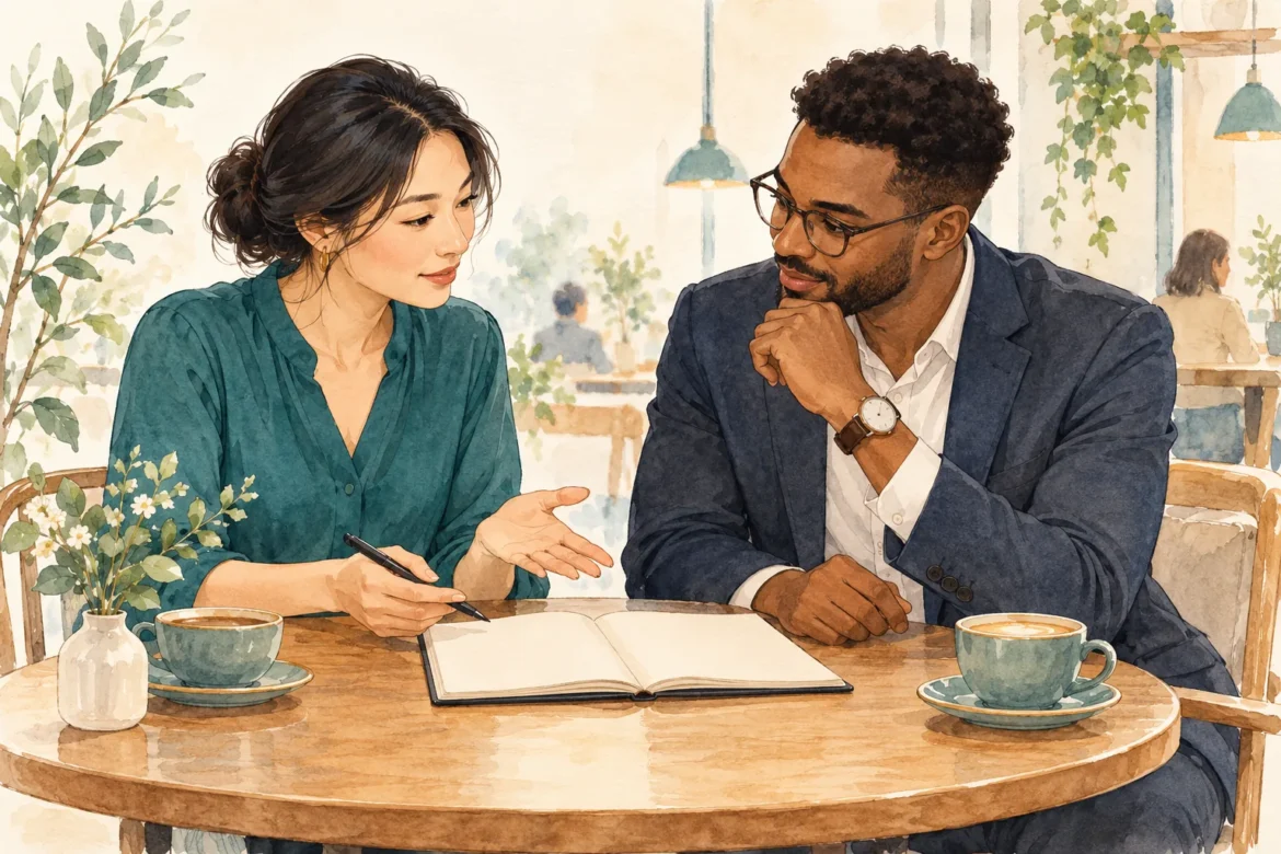 Illustration of two adults having a quiet conversation over an open notebook